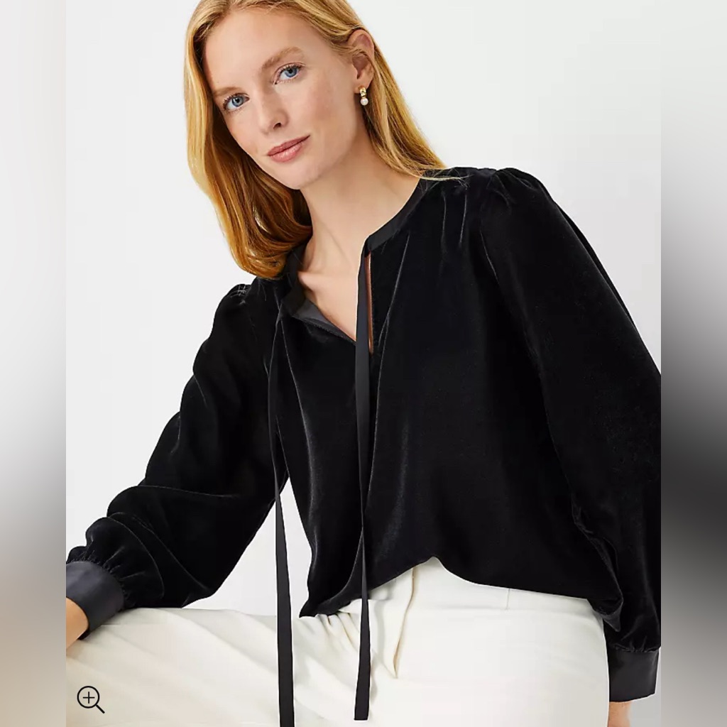 Nwt Ann Taylor Petite Black Velvet Tie Neck Top Petite Medium